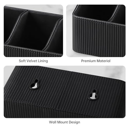 No Drill PU Leather Wall Remote Holder, 3 Compartments Storage Caddy for TV AC Remotes, Pens, Eyeglasses, Home Bedroom Bathroom Office (Stylish Black Fine Ribbed) - color: Stylish Black Fine Ribbed