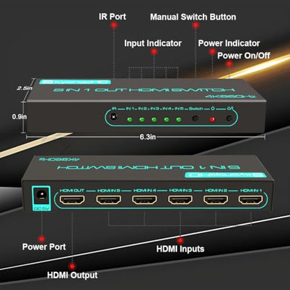 SkycropHD 4K@60Hz HDMI Switch, 5 in 1 Out HDMI 2.0 Switcher with Remote Support Auto Switch, HDR10, Dolby Vision, Dolby Atmos, 18Gbps, CEC