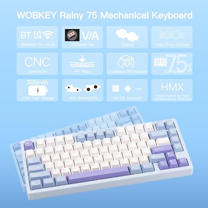 KEEBMONKEY WOBKEY Rainy 75 CNC Aluminum HMX/JWK/Cocoa Switches Triple-Mode Connectivity Mechanical Keyboard with Superior Acoustics, RGB/PP/Gradient Glass/3500mAh/Violet Switch (Standard - Blue) - style: Standard - Blue