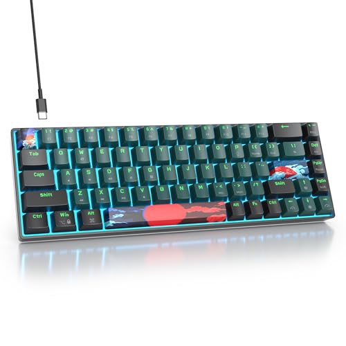 Protable 60% Percent Gaming Keyboard Mechanical, Mini Compact Ice-Blue LED Backlit 68 Keys Wired Office Keyboard with Red Switch for Mac/Win/PS4/PS5(68Green/red Switch) - color: 68Green/red Switch