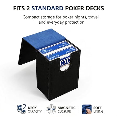 Double Decker Leather Poker Card Case - Holds Two Sets of Poker Size Cards - Premium Dual-Deck Holder with Stylish Design and Secure Closure (Black-Blue) - color: Black-Blue