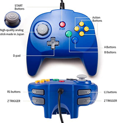 Mini Controller for N64 Console, Retro N64 Wired 64-bit Remote Game Controller Upgraded Joystick Gamepad Replacement Blue - color: blue