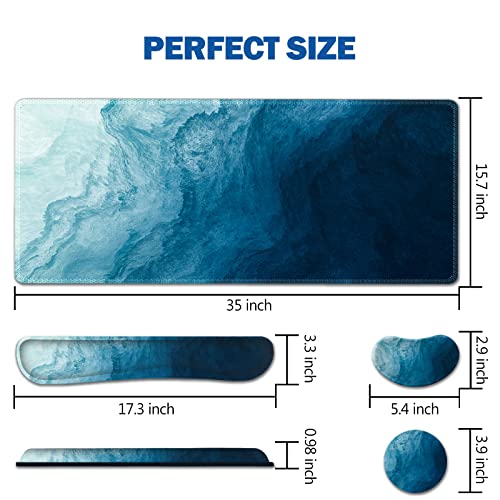 AIMSA Large Gaming Mouse Pad Set, Keyboard Wrist Rest Support + Extended Mouse Pad + Mouse Wrist Cushion + Coaster, Ergonomic Memory Foam Multifunctional Desk Mat 35x15.7inch (Dark Blue Waves) - color: Dark Blue Waves
