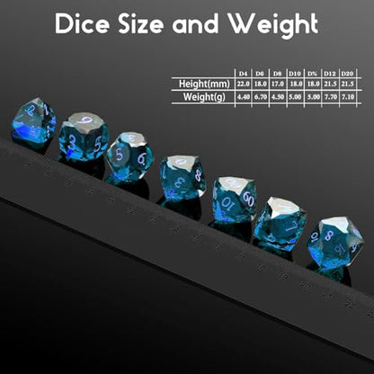 Crystal Multifaceted Polyhedral Dice Set 7 PCS for DND, RPG Tabletop Gaming, Collectors | Tinbox Packing, Gemstone Effect Dice (Sea Blue) - color: Sea Blue