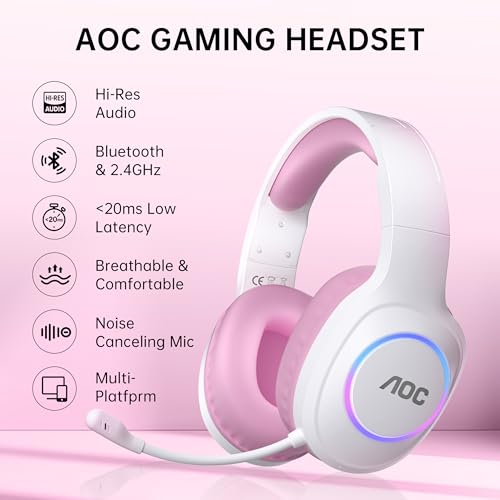 AOC Wireless Gaming Headset Compatible with ps5/4, PC, USB-C & Bluetooth 5.4 & 2.4GHz Gaming Headphones with Noise Canceling Mic, 7.1 Virtual Surround,20ms Latency, 45H, RGB- Pink - color: Pink