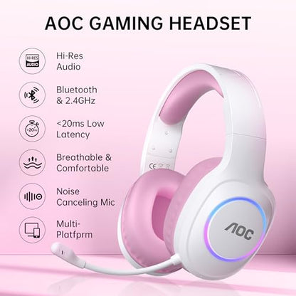 AOC Wireless Gaming Headset Compatible with ps5/4, PC, USB-C & Bluetooth 5.4 & 2.4GHz Gaming Headphones with Noise Canceling Mic, 7.1 Virtual Surround,20ms Latency, 45H, RGB- Pink - color: Pink