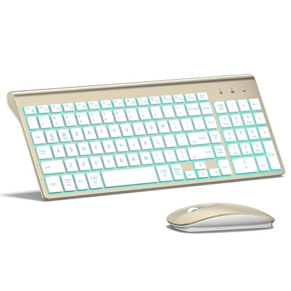 Wireless Backlit Keyboard and Mouse Ultra Slim Combo, TopMate 2.4G Silent Compact 2400DPI Mouse and Scissor Switch Keyboard Set, Batteries Included, for PC/Laptop/Windows/Mac/Gaming - BL Gold White - color: BL Gold White