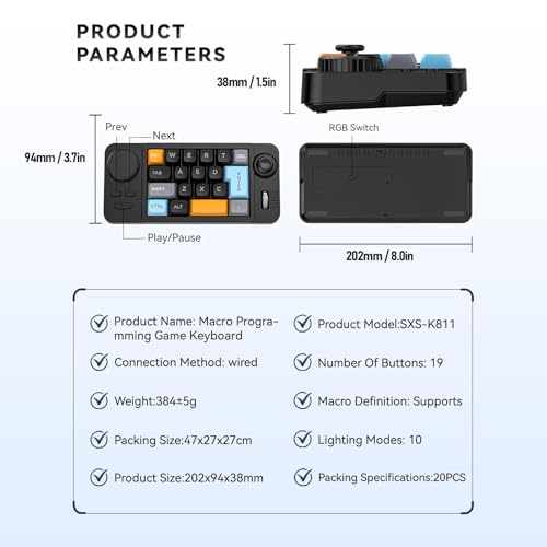 Yoidesu Programmable Macro Keyboard with RGB Backlight, 19 Key One Handed Wired USB C Mechanical Keypad with Knob Joystick, Hot Swappable for Work & Game
