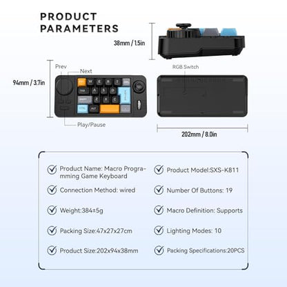 Yoidesu Programmable Macro Keyboard with RGB Backlight, 19 Key One Handed Wired USB C Mechanical Keypad with Knob Joystick, Hot Swappable for Work & Game
