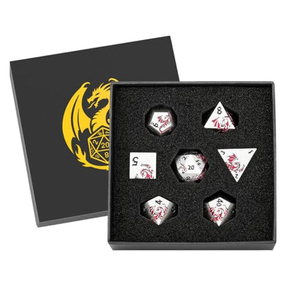 Metal Dice Set, Flat Face White Red Dragon Pattern, 7pcs Polyhedral Metal DND Dice Set, DND Starter Set, D&D Gifts with Gift Box, Role Playing Board Games Accessories, White - color: White+ Red