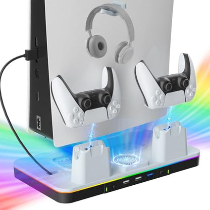 2026 Upgraded PS5/PS5 Pro/Slim Cooling Stand/Station with RGB Light,Dual Controller Fast Charger,with High-Speed Turbo Fan,3USB,for Gaming Room,Living Room,Gift for Christmas & Birthday