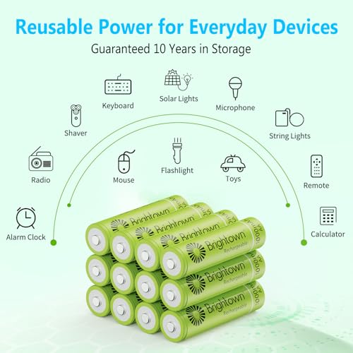 Brightown 12-Pack Rechargeable AA Batteries - 1000mAh 1.2V NiMH High Capacity Batteries - Ideal for Solar Lights & Home Devices, Recharge up to 1000x Times, Pre-Charged - size: 12 PC AA 1000mAh