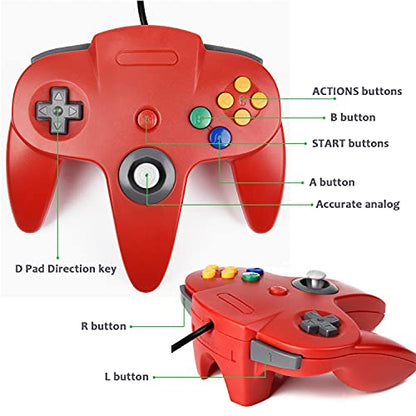 KIWITATA Classic N64 USB Controller, N64 Wired Remote Joystick Game Controller Gamepad for Windows PC & Mac Raspberry Pi Red - color: red