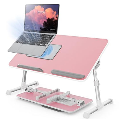 Laptop Desk for Bed with Cooling Fan, Height & Angle Laptop Stand | SAIJI Lap Desk Tray Table, Adjustable Lightweight Foldable Portable Computer Table - color: Pink