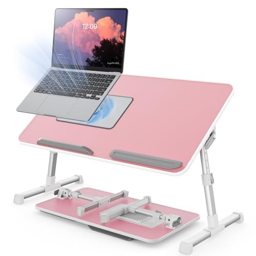 Laptop Desk for Bed with Cooling Fan, Height & Angle Laptop Stand | SAIJI Lap Desk Tray Table, Adjustable Lightweight Foldable Portable Computer Table - color: Pink