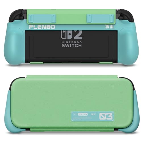Plenbo FoldeX Switch 2 Grip Case with Detachable Flip Cover- Turquoise/Mint | Dockable Ergonomic Handheld Protective Hard Shell for Nintendo Switch 2, 3-Mode Compatible Joy-Con 2 Controller Grip - color: Turquoise & Mint