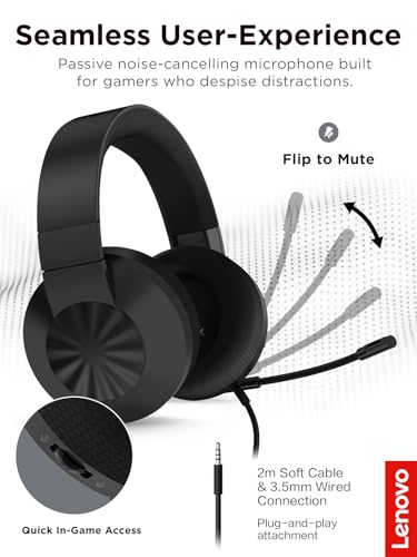 Lenovo H210 Wired Gaming Headset - 3.5mm Connection, Flip-to-Mute Noise-Cancelling Microphone, Breathable Ear Cups - Black - style: H210