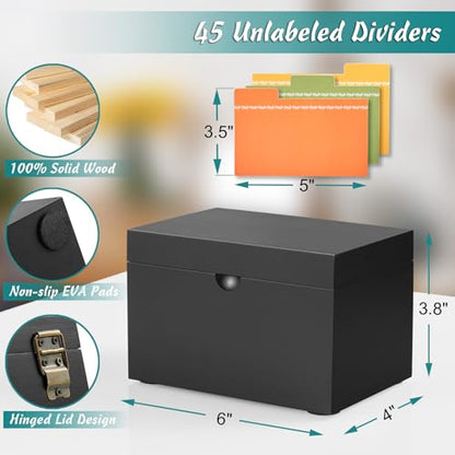DRASTAR Index Card Holder 3x5, Wooden Index Card Organizer Box with 45 Index Card Dividers, Flashcard Notecard Holders for Home Office, Black - color: Black