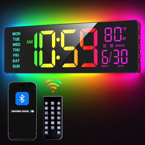 EASYERA 16.5" Large Digital Wall Clock with BT Sync, 11 RGB Lights | 11 Scenes Mode Remote Control, Big LED Clock with Dual Alarms, Auto DST, Temperature for Classroom Gaming - size: 15.98 inches, style: Modern