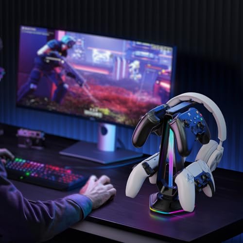 Luckit Gaming Headphones Stand, RGB Headset Stand with 12 Light Modes, Controller Holder with 2 USB Charging Ports - Supports Data Transfer, Earphone Hanger Accessories for Desktop Gamer