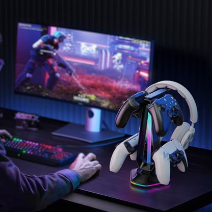 Luckit Gaming Headphones Stand, RGB Headset Stand with 12 Light Modes, Controller Holder with 2 USB Charging Ports - Supports Data Transfer, Earphone Hanger Accessories for Desktop Gamer