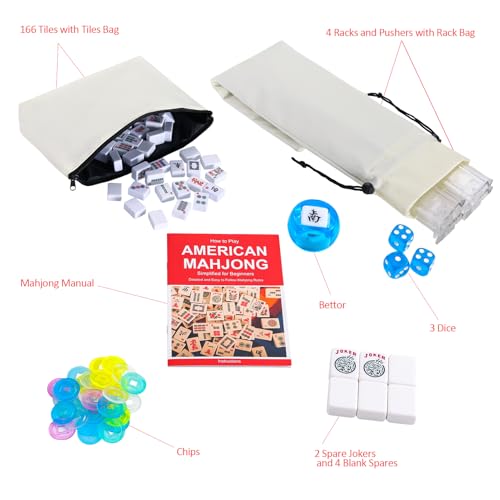 Jongyance American Mahjong Tile Set with Carrying Bag, 166 White Tiles, 4 Racks with Pushers, Mahjong Set for Beginners - color: Cream