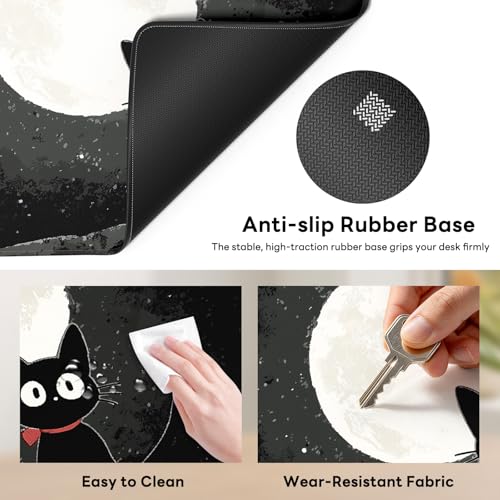 Large Gaming Mouse Pad, XL Desk Protector, Non-Slip Base | 31.5x15.7 in Extended Desk Mat with Stitched Edges for Keyboard, Work, Game, Office, Home PC and Laptop - color: Moon Cat