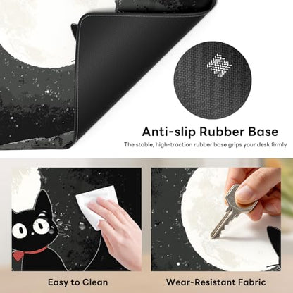 Large Gaming Mouse Pad, XL Desk Protector, Non-Slip Base | 31.5x15.7 in Extended Desk Mat with Stitched Edges for Keyboard, Work, Game, Office, Home PC and Laptop - color: Moon Cat