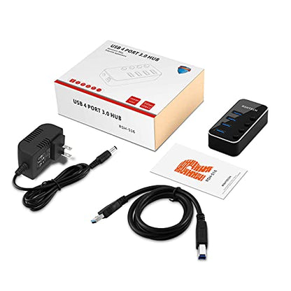 Powered USB Hub, RSHTECH 4 Port USB 3.0 Hub Splitter Portable Aluminum USB Data Hub Expander with Individual On/Off Switch and Universal 5V AC Adapter, 3.3ft USB 3.0 Cable (RSH-516) - size: 4-Port Powered USB Hub