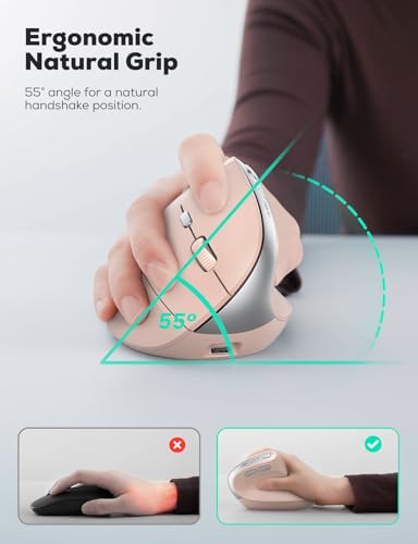 Nulea Ergonomic Vertical Wireless Mouse with Silent Click and Rechargeable | Dual Mode Bluetooth and 2.4G Mouse With 6 Buttons, Long Battery Life,4 Adjustable DPI, Quiet Operation for Laptop and Desktop - color: Pink