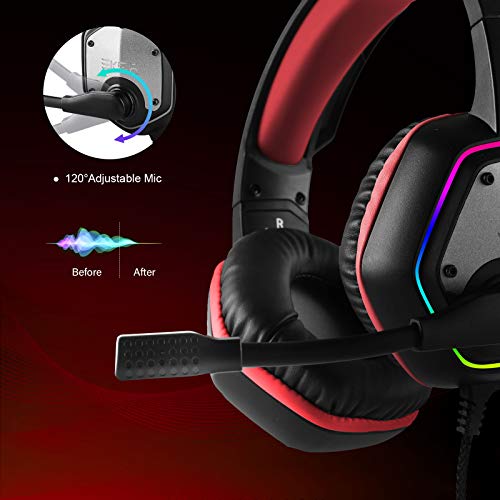 EKSA E1000 Gaming Headset, Computer Headphones with Noise Canceling Mic & RGB Light, 7.1 Surround Sound, Compatible with PC, PS4 PS5 Console, Laptop (Red) - color: Red