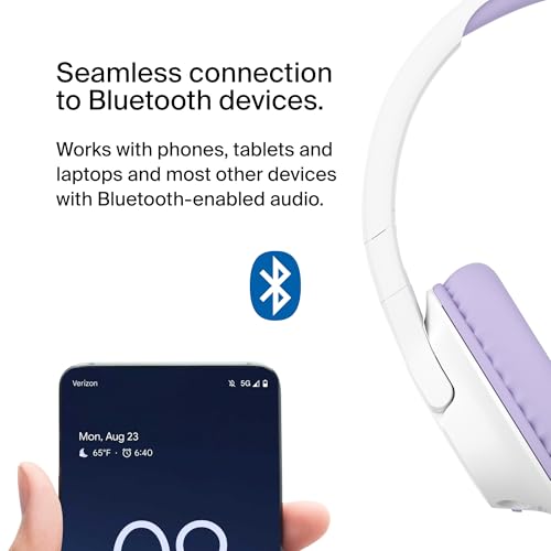 Belkin SoundForm Inspire Bluetooth Kids Headphones, 35H Battery Life | Over-ear wireless headset, built-in mic, 85dB safe volume limit, online learning, travel, iPad, iPhone, Galaxy - color: Lavender, style: Wireless