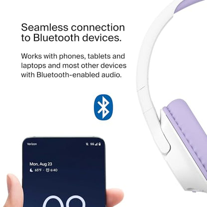 Belkin SoundForm Inspire Bluetooth Kids Headphones, 35H Battery Life | Over-ear wireless headset, built-in mic, 85dB safe volume limit, online learning, travel, iPad, iPhone, Galaxy - color: Lavender, style: Wireless