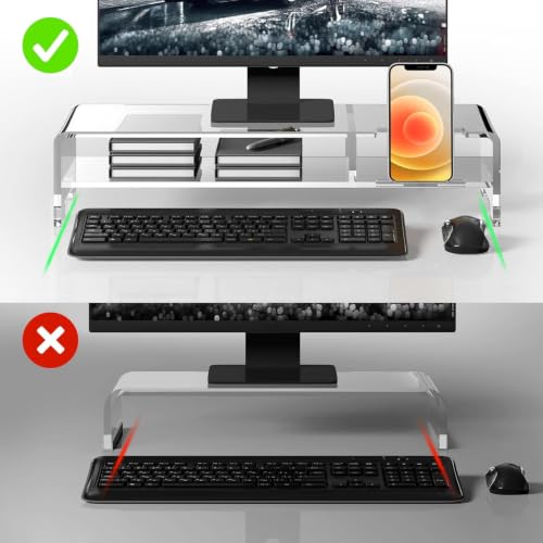 BEYGORM Acrylic Monitor Stand for Full Keyboard, 20" Wide 2-Tier | Clear Riser with Storage Shelf and Phone Holder, Desktop Organizer for Laptop, Printer & Screen