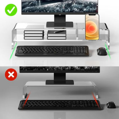 BEYGORM Acrylic Monitor Stand for Full Keyboard, 20" Wide 2-Tier | Clear Riser with Storage Shelf and Phone Holder, Desktop Organizer for Laptop, Printer & Screen