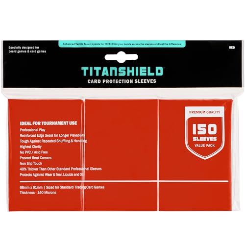 TitanShield Card Sleeves, Red (150 Sleeves) - Fits Pokemon, MTG | Compatible with Pokemon, MTG Magic the Gathering, One Piece, Lorcana, Flesh & Blood - Trading Card Deck Protectors - color: Red, size: Standard | 66x91mm