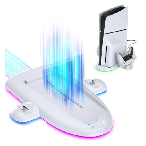 ECHZOVE PS Slim Cooling Station with RGB Lights High-Speed Cooling Fan & Controller Charging Dock, DualSense Charger Stand for P5 Slim Console, Space-Saving Stand
