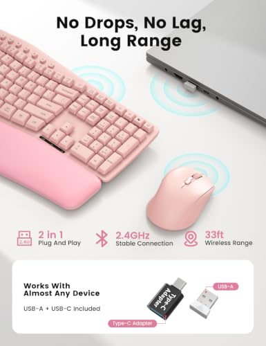 Pink Wireless Keyboard and Mouse Combo, Ergonomic Wave, 30dB Quiet, MA41 - color: Pink