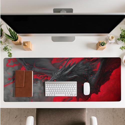 Huge Dragon Mouse Pad Desk Mat XL Extended Large Gaming Desk Pad Mousepad, Red and Black Computer Laptop Keyboard and Mouse Mat, Desktop Protector Mat for Office and Home 31.5x11.8 in - color: A Red-eyed Dragon