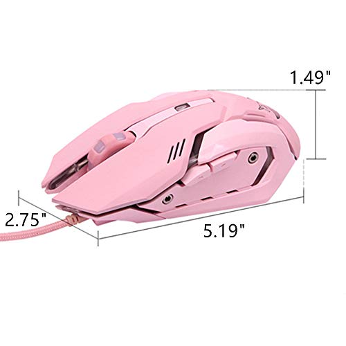 Pink Gaming Mouse Silent Click, LED Backlit Optical Game Mice Ergonomic USB Wired Mice Compatible with Laptop PC, 7 Buttons, 4 Adjustable DPI