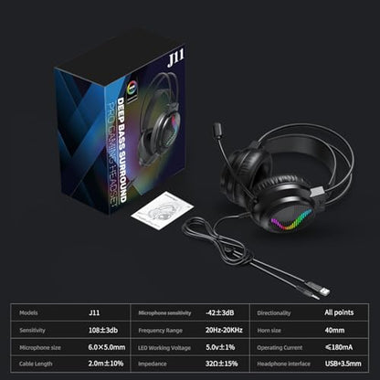J11 Gaming Headset with Microphone, Noise Cancelling Gaming Headphones Compatible with PS4 PS5 Xbox One PC Laptop, Over-Ear Headset with LED RGB Light, 7.1 Stereo Surround Sound (Black) - color: Black