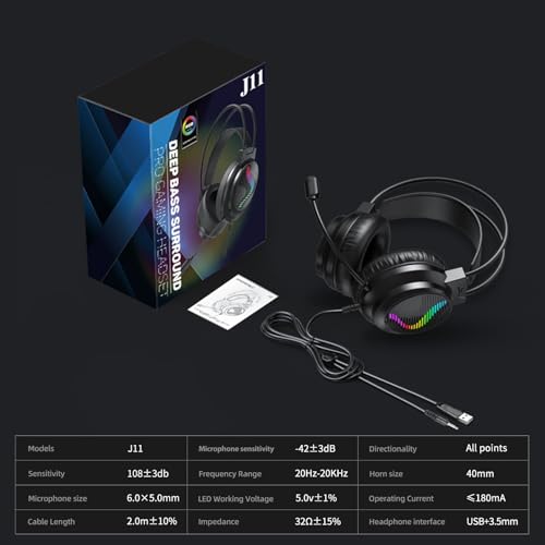 J11 Gaming Headset with Microphone, Noise Cancelling Gaming Headphones Compatible with PS4 PS5 Xbox One PC Laptop, Over-Ear Headset with LED RGB Light, 7.1 Stereo Surround Sound (White) - color: White