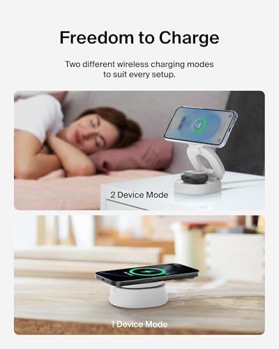 Belkin MagSafe Charger Compatible, 2-in-1 Qi2 Wireless Charging Station 15W, Convertible Charger for iPhone 17, Apple Watch, AirPods, Pixel 10, Portable Phone Stand for Travel w/ 30W Adapter - White - color: White, style: 2 in 1