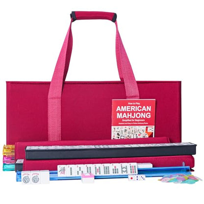 ZGME American Mahjong Set,166 White Tiles with Red Bag and Accessories,4 All-in-One Mahjong Racks with Pushers,Complete Western Mahjong Set - color: Red