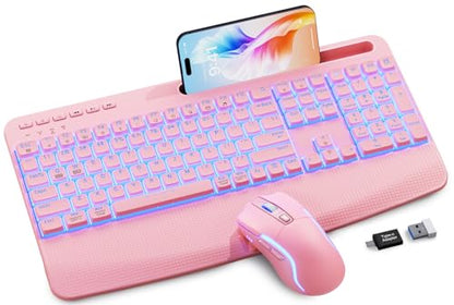 Pink Keyboard and Mouse Wireless Combo, 4000mAh Rechargeable Backlit Quiet Keyboards mice set, USB Ergonomic Key Board with Wrist Rest & Phone Holder for PC, Mac, Windows, Natural Soft Typing —SABLUTE - color: Pink