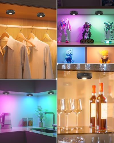 WILLED RGB Under Cabinet Lights,Rechargeable Puck Lights with Remote Control, Wireless Push Light with Timer Function,Dimmable LED Touch Tap Light for Kitchen,Cabinet,Closet, Counter,3 Pack - color: RGB Multicolor