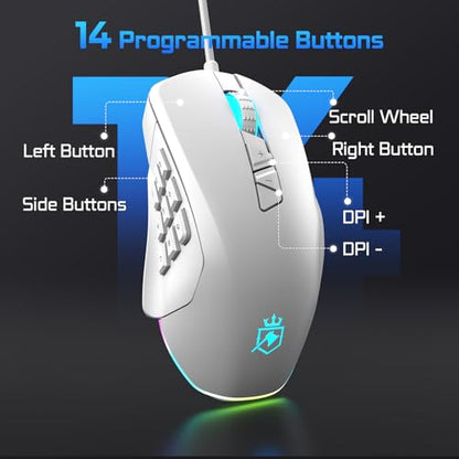 Wired Gaming Mouse with Side Plates, MMO Mouse with 14 Programmable Buttons, Ergonomic Gaming Mouse with 2 Grip Plates, Computer Mouse with Max 12,400 DPI, RGB Lighting, White