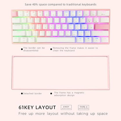 ONE-UP Portable 60% Mechanical Gaming Keyboard LED Backlit Compact 61 Keys Mini Wired Office Keyboard with Blue Switch PBT Keycaps for Windows Laptop PC Mac.（White/Pink） - color: Pink/White
