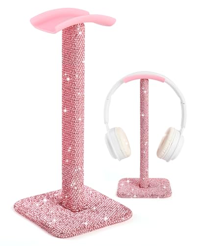 Pink Headphone Stand for Desk, Cute Rhinestone Bling Headset Holder | Pulchrum sparkle kawaii aesthetic piece with soft headrest, gamer girl & women setup, teen birthday gift, crystal Y2K decor - color: Pink Sparkle