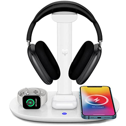 4 in 1 Wireless Charger with Headphone Stand for iPhone 17 16 15 14 13 12 Pro Max, Apple Watch 11 10 Ultra SE, AirPods Max 4 & Samsung S25-15W Gaming Desk Organizer (Adapter Not Included)(White)